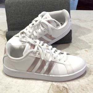 Adidas white with rose gold tennis shoes!